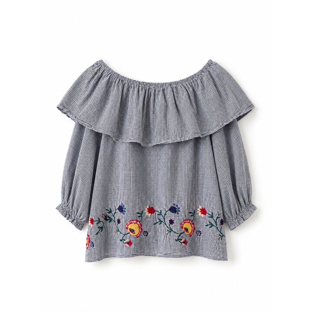 ZARA Women Size 6 Gingham Embroidered Floral Off Shoulder Ruffle Blouse